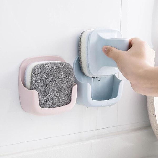 Dish Washing Sponge Wall Mount Self Adhesive PP Handle Scrubber_voghion.com